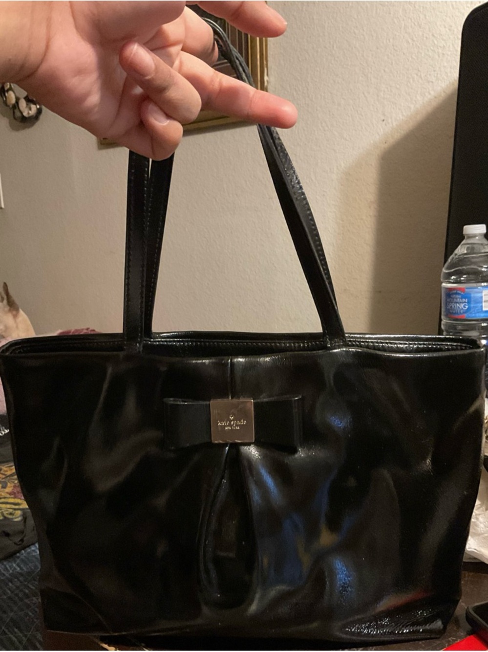 kate spade Black Patent Leather Tote with Bow Plaque